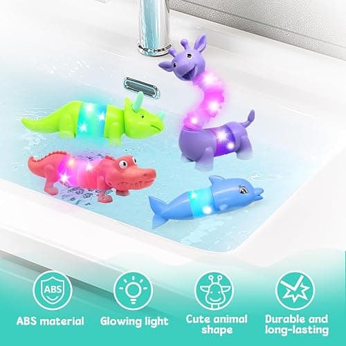 DELEE Bath Toys 4Packs Animal Shaped Pop Tubes Baby Bath Toys with LED Lights Floating Swimming Water Toys,Perfect for Bath Time Fun,Travel,Pool Play,Idea Gift for 3 4 5 year olds Toddlers and Kids thumbnail 6