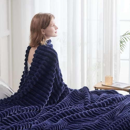 NEWCOSPLAY Super Soft Throw Blanket Dark Navy Premium Silky Flannel Fleece 3D Ribbed Jacquard Lightweight Bed Blanket All Season Use (Dark Navy Ribbed, Throw(50"x60")) thumbnail 8