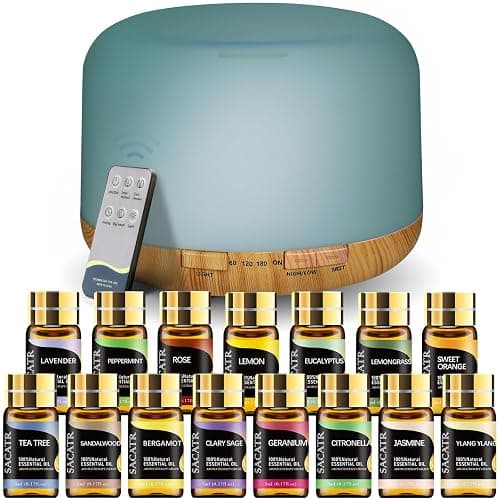 SACATR 500ml Essential Oil Diffuser with 15 Essential Oils, Ultrasonic Cool Mist Humidifier, Remote Control, 4 Timers, 15 Color Lights, Auto Shut-Off - Image 1