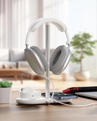 Universal Headphone Stand, Magnetic Wireless Charger for iPhones/AirPods/iWatch, Aluminum Alloy Rod, Leather Pad, ABS Solid Base, White thumbnail 7