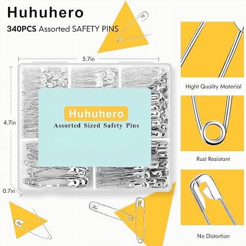 Huhuhero 340 Pack Safety Pins Assorted, Small & Large Heavy Duty Safety Pins for Clothes Costume Sewing, 5 Different Sizes Nickel Plated Steel Pin Bulk, Crafts Art Supplies, Silver thumbnail 3