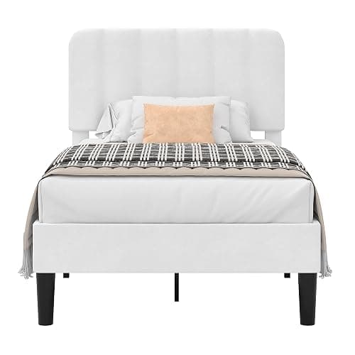 VECELO Twin Size Bed Frame with Upholstered Headboard, Velvet Platform Bedframe Mattress Foundation, Strong Wood Slat Support, No Box Spring Needed,White thumbnail 7
