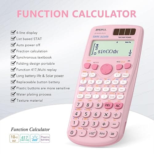 Scientific Calculators, IPepul Pink Math Calculator with 417 Function | Solar Battery Power and 4-Line Display, School Supplies for Middle High College Students Teachers (Pink) thumbnail 5