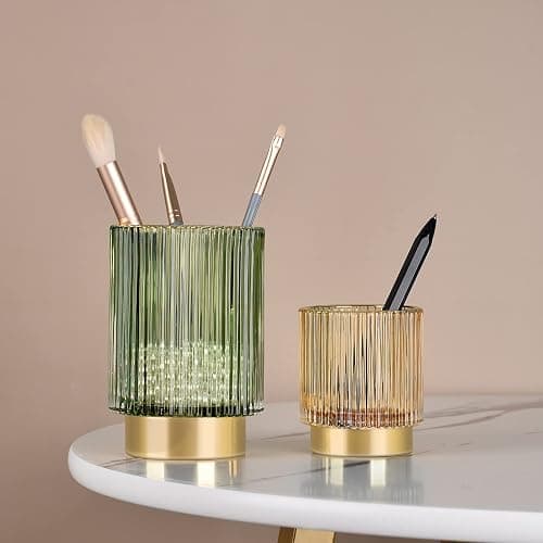 CANITORON Makeup Brush Holder,Glass Makeup Brush Holder Organizer Store Cosmetic Tools,Eyeliner,Storage Organizer for Vanity,Bathroom Countertop Organize and Bedroom Countertop Storage.(Amber L) thumbnail 2