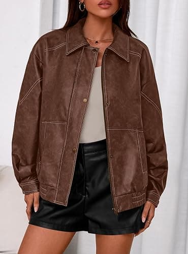PRETTYGARDEN Leather Jacket Women Faux Oversized Coat | Motorcycle Bomber Fall Jackets Trendy, Fashion Going Out Outfits, Travel, Winter Clothes, Zip Up Outerwear thumbnail 8