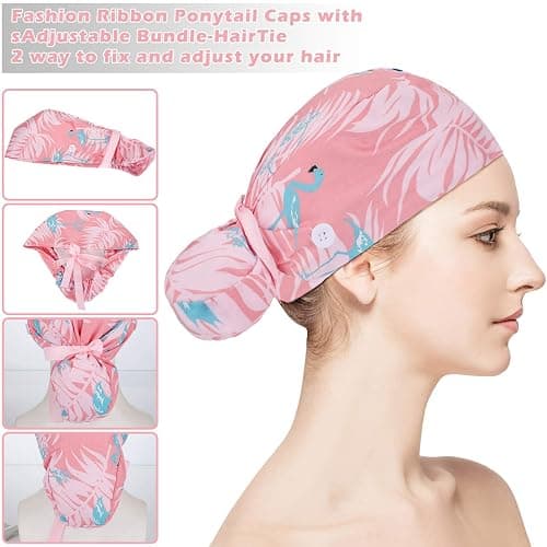 Honoson 6 Pcs Scrub Caps Women Nursing Hats with Buttons Adjustable Bouffant Nurse Hats Ponytail Holder Bouffant Turban - Fresh Patterns thumbnail 2