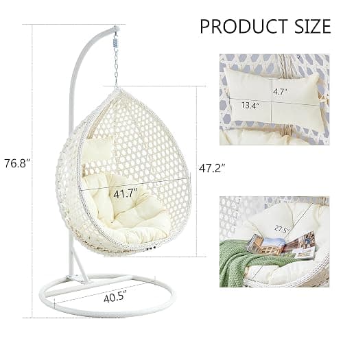 Hanging Egg Chair Outdoor Indoor,Wicker Swing Egg Chair with Stand, 300lbs Capacity for Bedroom Patio Garden Balcony Yard (White) thumbnail 2