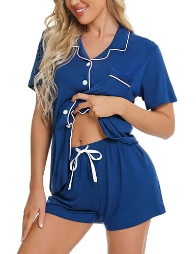 SWOMOG Womens Button Down Pajamas Set Short Sleeve Sleepwear Bride Soft Pj Lounge Sets XS-3XL - Image 1