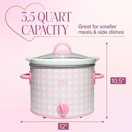 Paris Hilton 3.5-Quart Manual Slow Cooker, Features Three Settings (Low, High, Warm), Naturally Nonstick and Dishwasher Safe Stoneware Insert, Family Sized Capacity, Gingham Pink thumbnail 2