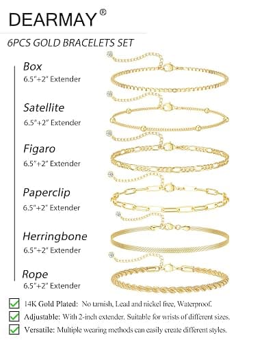 DEARMAY Gold Bracelets for Women Waterproof, 14K Gold Plated Jewelry Sets Trendy Thin Dainty Stackable Cuban Link Paperclip Chain Bracelet Pack Fashion Accessories Gifts for Womens thumbnail 6