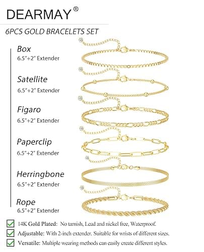 DEARMAY Gold Bracelets for Women Waterproof, 14K Gold Plated Jewelry Sets Trendy Thin Dainty Stackable Cuban Link Paperclip Chain Bracelet Pack Fashion Accessories Gifts for Womens thumbnail 7