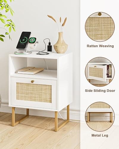 Masupu Rattan Nightstand with Charging Station,Modern Boho Farmhouse Wood Bedside Table with Storage Drawer and Open Shelf,Small Gold Frame Side End Table for Bedroom,Living Room,Office White thumbnail 7