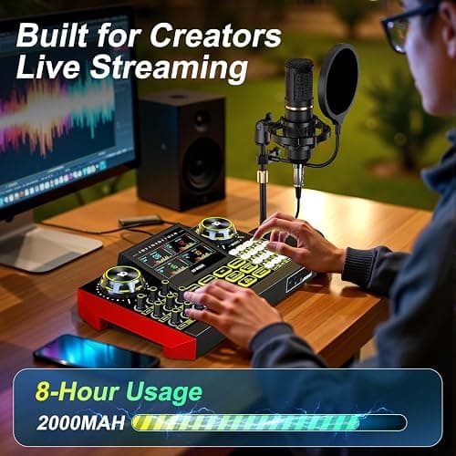 Podcast Microphone Bundle with Live Sound Card Audio Mixer, Podcast Equipment Bundle Sound Board with 3.5mm Condenser Microphone for Pc/Phone Live Streaming Singing Gaming,Voice Changer, Denoise thumbnail 9