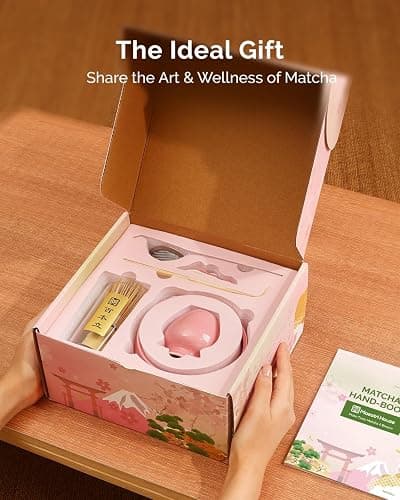 Maestri House Pink Matcha Whisk Set, 7-Pc Complete Matcha Kit with Spouted Ceramic Bowl, Bamboo Whisk and Holder, Scoop, Spoon Rest & Sifter, Tea Cloth – Ideal Gift for Matcha Lovers (Pink) thumbnail 3