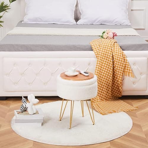Cplxroc Footrest Footstools Round Faux Fur Ottoman with Storage Space Soft Vanity Chair Seat Coffee Table Ottoman Small Side Table Metal Legs with Adjustable Footings (Cream) thumbnail 8