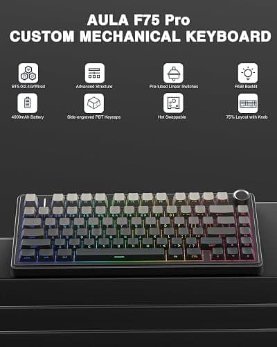 AULA F75 Pro Wireless Mechanical Keyboard,75% Hot Swappable Custom Keyboard with Knob,RGB Backlit,Pre-lubed Reaper Switches,Side Printed PBT Keycaps,2.4GHz/USB-C/BT5.0 Mechanical Gaming Keyboards thumbnail 2