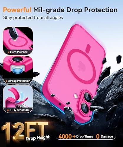 CANSHN Magnetic for iPhone 16 Case, Upgraded [Full Camera Protection] [Compatible with Magsafe] [Translucent Matte] Shockproof Protective Phone Case for iPhone 16 - Hot Pink thumbnail 7
