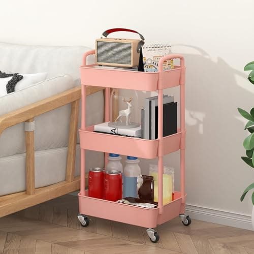 Sywhitta 3-Tier Plastic Rolling Utility Cart with Handle, Multi-Functional Storage Trolley for Office, Living Room, Kitchen, Movable Storage Organizer with Wheels, Pink thumbnail 2