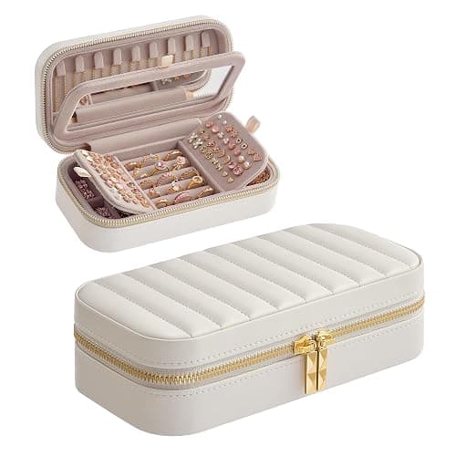 SONGMICS HOME Travel Jewelry Case, Travel Jewelry Box Organizer with Mirror, 4.1 x 8 x 2.4 Inches, Stitching, Portable, Christmas Gift, Cloud White UJBC180W01 - Image 1