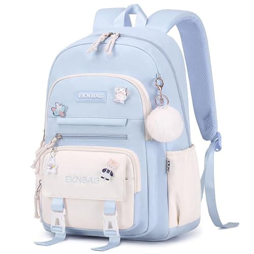 Tanou School Backpacks for Girls, 20 Liters Kawaii Girls School Bag with Pendant, Lightweight Nylon Childrens Backpack for Primary Junior School, Blue thumbnail 8