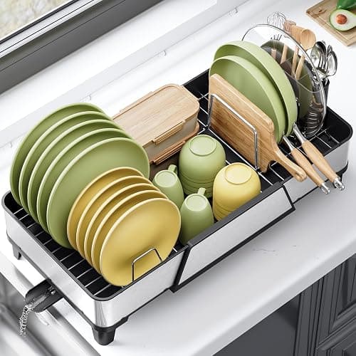 Urackify Large Dish Drying Rack - Triple Expandable Dish Rack for Kitchen Counter, Stainless Steel Sink Organization and Storage Essentials with Utensil & Pans Holder for Home and Appartment, Black - Image 1