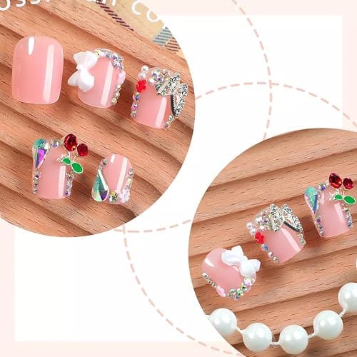 LPOODDNU 3D Press on Nails with Charms Short Square Fake Nails Glossy Pink Rhinestones Bows Crystal Butterfly Glue on Nails Luxury Acrylic Nail Kit Reusable Stick on Nails for Women Manicure, 24Pcs - design5 thumbnail 2