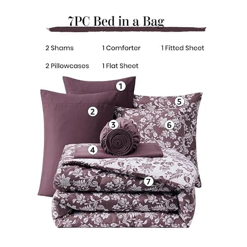 BLOOMHAVEN Queen Comforter Set -7 Pieces Floral Dark Purple Comforter Set for All Seasons, Bed in a Bag Queen with Botanical Flowers Comforter, Sheets, Pillowcases & Shams thumbnail 6