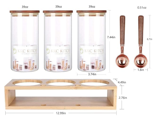 KKC HOME ACCENTS Sealed Glass Food Storage Containers with Airtight Wood Lids and Scoops for Kitchen Counter,Air Tight Sealed Glass Jars for Coffee,Loose Leaf Tea,Brown Sugar,39 Fluid Ounces thumbnail 3