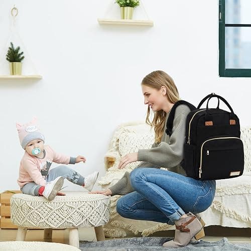 RUVALINO Diaper Bag Backpack, Multifunction Travel Pack Maternity Baby Changing Bags, Large Capacity, Waterproof, Deep Black, Polyester thumbnail 8