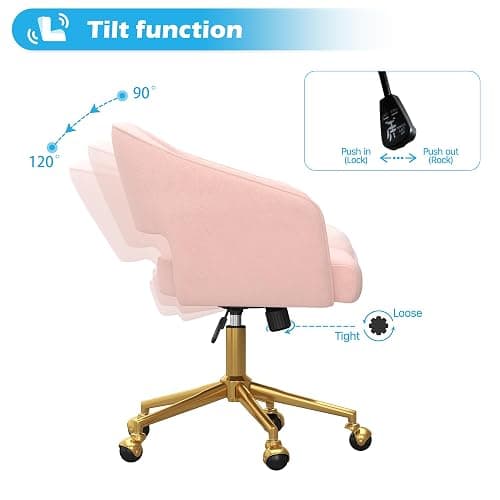 Home Office Chair Swivel Velvet Desk Chair Accent Armchair Upholstered Modern Tufted Chairs with Gold Base for Girls Women Ergonomic Study Seat Computer Task Stools for Living Room(Pink) thumbnail 5