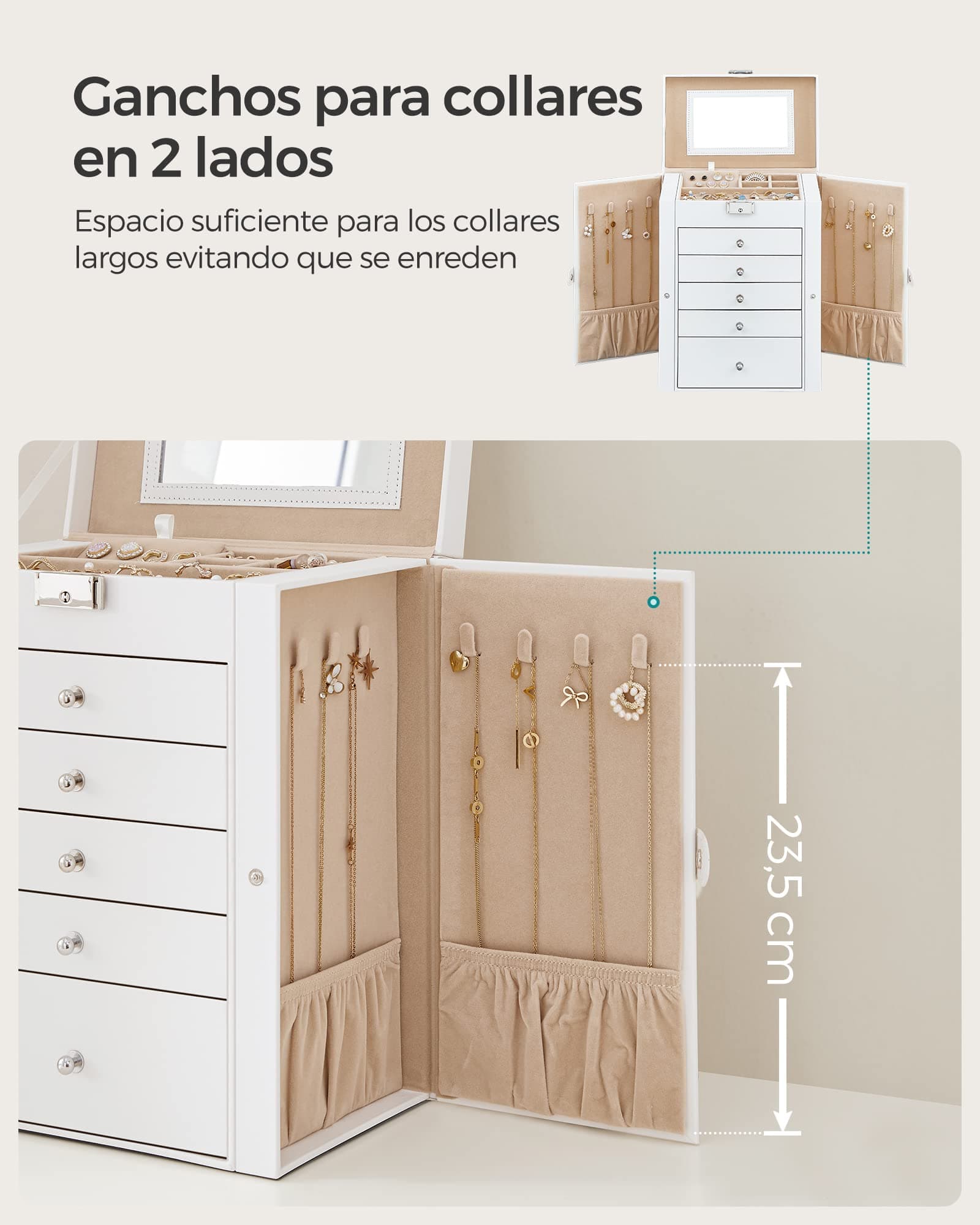 SONGMICS Caja para Joyas de 6 Niveles, Caja Joyero con 5 Cajones, Espejo, Cerradura, Superficie Blanco Nube y Forro Beige Arena MJBC152W01 thumbnail 5