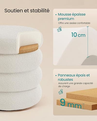 SONGMICS Tabouret de Coiffeuse, Pouf Rond avec Rangement, Repose-Pieds Rembourré, Couvercle Amovible, pour Salon, Chambre, Entrée, Montage Facile, 43 x 47 cm, Tissu Peluche Teddy, Blanc LOM015WD01 thumbnail 5