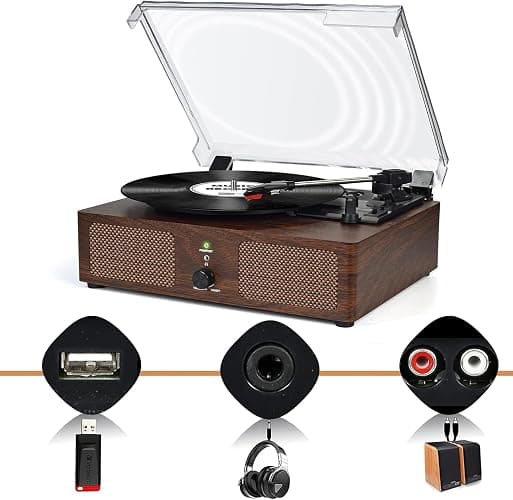 Udreamer Vinyl Player Record Player with Built-in Speakers, Bluetooth Turntable Belt-Driven, Vintage Phonograph with 3 Speeds for Musical Enjoyment and Home Decoration (coffee) - Coffee thumbnail 2