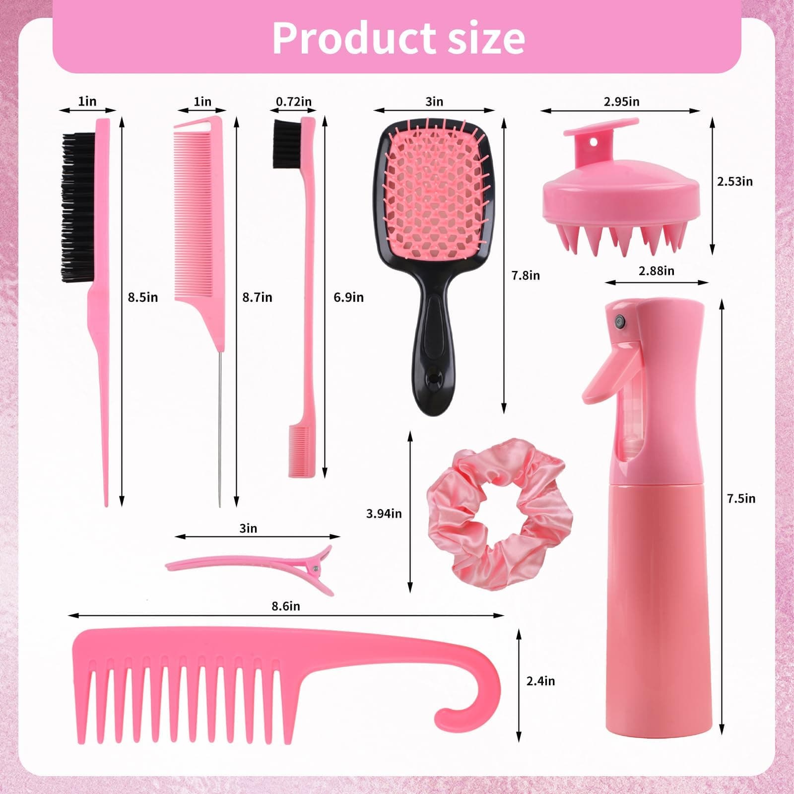 12 Pcs Hair Brush Set, 3 Pieces Slick Back Hair Brushes for Toddlers, Women, Detangling Brush for All Typs of Hair, Edge Bristles Wide Tooth Rat Tail Combs for Baby Girls Boys(pink) - Pink thumbnail 3