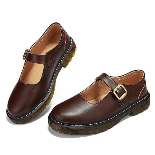 Umilake Women's Mary Jane Flat Shoes Comfort Platform Buckle Ankle Strap Flats Breathable Slip On Lightweight Office Work Shoes - 9 - Coffee - Image 1