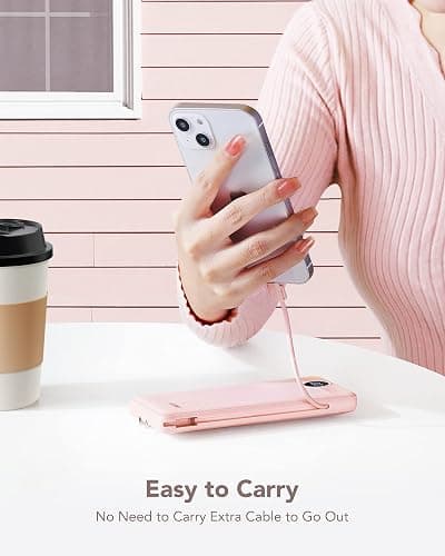 VRURC 10000mAh Portable Charger with Built-in Cables and AC Wall Plug Ultra Slim Power Bank USB C Phone Charger 5 Output 2 Input External Battery Pack LED Display Compatible with All mobilephone-Pink thumbnail 8
