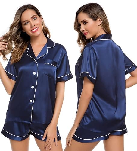 LecGee Womens Silk Satin Pajamas Short Sleeve Loungewear Two-Piece Sleepwear Button-Down Pj Set - Image 1