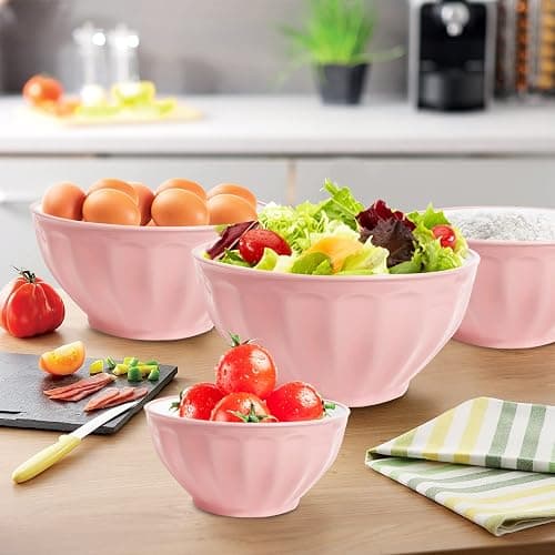 JCXivan Mixing Bowls with Lids Set,4 Piece Large Plastic Nesting Bowls,Includes 4 Microwave safe Mixing Bowl and An Egg Whisk for Kitchen Prepping,Baking,Cooking Food, Pink thumbnail 4