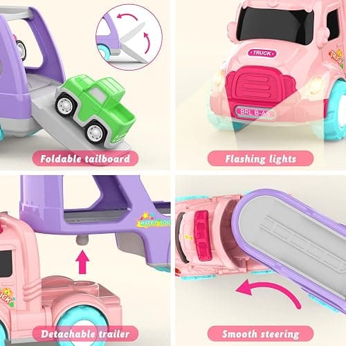 LASCOTON Toys for 1 2 3 Year Old Girl, 5-in-1 Carrier Truck for Toddler Girl, Friction Power Toy Cars with Light & Sound, Birthday Gifts, Pink - Pink thumbnail 5