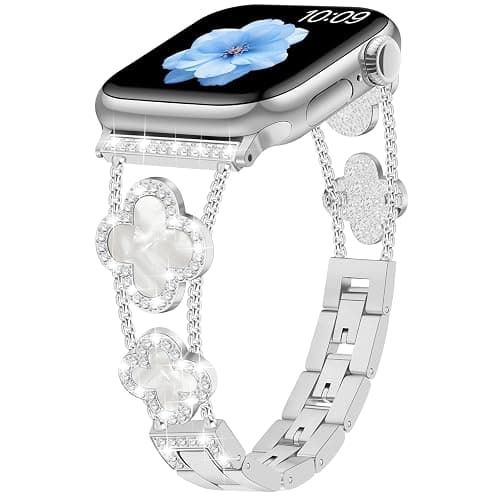 Sixmoat Bands Compatible with Apple Watch Band for Women 38mm 40mm 41mm 42mm 44mm 45mm 46mm 49mm, Bling Bracelet Designer Dressy Clover for iWatch Band Series SE Ultra 11 10 9 8 7 6 5 4 3 (Silver) - Image 1