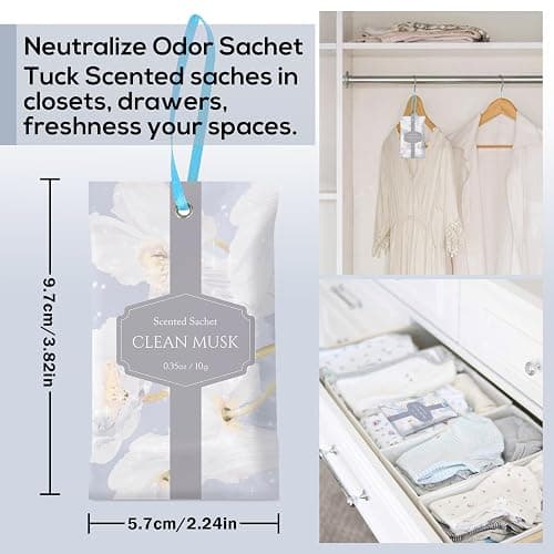 SCENTORINI Clean Musk Scented Sachets 14 Pack for Wardrobes Drawers Closets | 14 Clean Musk Scented Sachets with Hanging Strings for Wardrobes, Drawers, Closets and Storage Spaces thumbnail 2