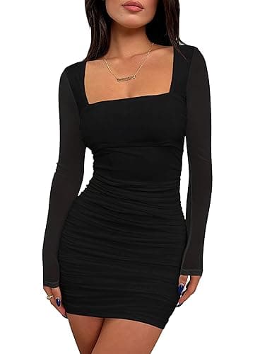BORIFLORS Women's Sexy Ruched Bodycon Mini Dress Mesh Long Sleeve Club Party Short Dresses - Large - Black