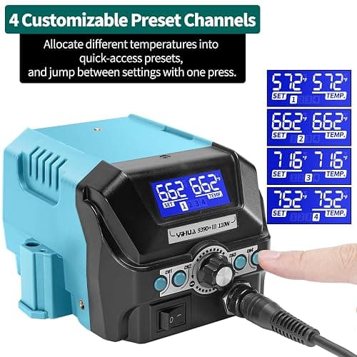 YIHUA 939D+ III EVO Digital Soldering Iron Station Kit 110W High Power with LCD display, 4 Memory Channels, Sleep Mode, Digital Calibration, Solder Wire, Helping Hands, Magnifier, 3 Soldering Tips thumbnail 4