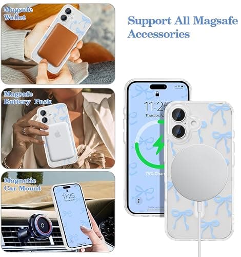 UEEBAI Magnetic for iPhone 16 Case, Bow Case Compatible with MagSafe, Wireless Slim Clear Ribbon Aesthetic Phone Cover Anti-Yellowing Shockproof Protective Cover for Women Girl - Baby Blue thumbnail 2