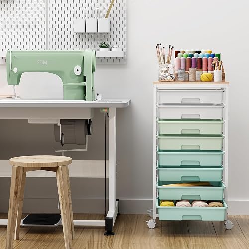 Storage Cart with 8 Drawers, Utility Cart with White Drawers and Wooden Tabletop, Craft Cart, Teacher Organization for Classroom, Storage Furniture, Office Organization, Green thumbnail 6