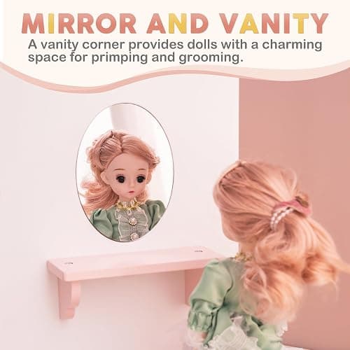 ROBUD Wooden Play Armoire Closet for Dolls, Doll Closet Furniture Wardrobe with 5 Hangers, Mirror, Velvet Curtains, Fit for 16-20in American Girl Doll Clothes, Gift for Boys & Girls, 3+ thumbnail 4