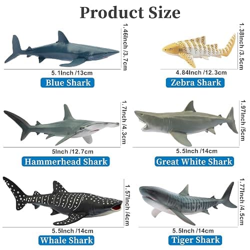 Toymany 6PCS 5-6" L Realistic Shark Bath Toy Figurines, Plastic Ocean Sea Animals Figures Set Includes Great White Shark Cake Toppers Christmas Birthday Gift for Kids Toddlers thumbnail 3