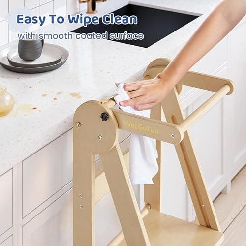 WeeGuruu Foldable Toddler Standing Tower, Height Adjustable Kitchen Tower with Safety Rails and Anti-Slip Device, Wooden Kids Kitchen Stool Helper for Ages 18 Months to 6 Years - Natural thumbnail 7