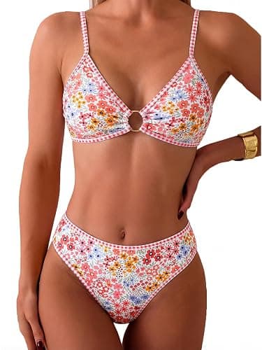 Tainehs Women's Two Piece Bikini Sets O Ring Front Top Ditsy Floral Triangle Swimsuits Cheeky Bathing Suit - Image 1