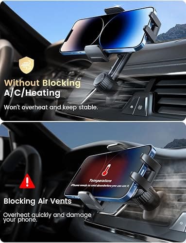 Holdersafe 2026 Car Phone Holder [Never Blocking Vent] with Wide Clamp | 6.5cm Long Arm Keeps AC/Heat Airflow Clear, Thick Case Friendly, Fits iPhone 17 16 15 14 13 Pro Max & Samsung Android （Black） thumbnail 4
